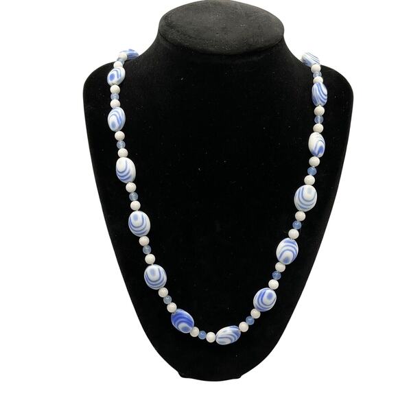 Vintage Necklace Dutch Porcelain Blue & White Swirl Beads 925 Clasp 26” Delft - Picture 1 of 11